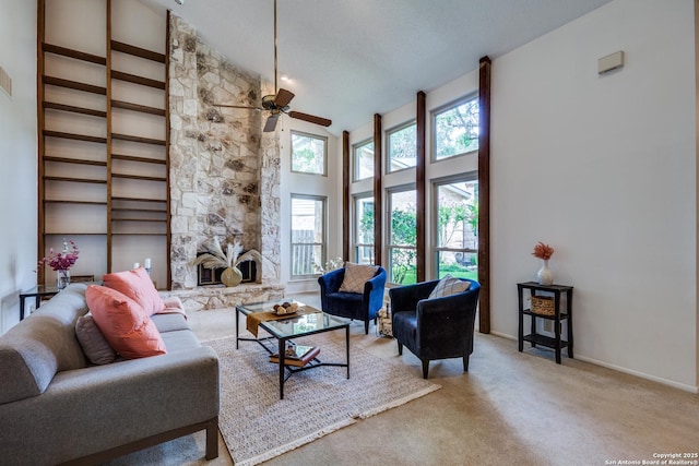 16930 Hidden Timber Wood, San Antonio, TX 78248 - living area with ceiling fan, carpet floors, high vaulted ceiling, and baseboards