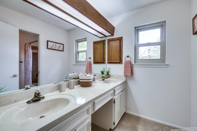 16930 Hidden Timber Wood, San Antonio, TX 78248 - bathroom with double vanity, a shower with shower curtain, and baseboards