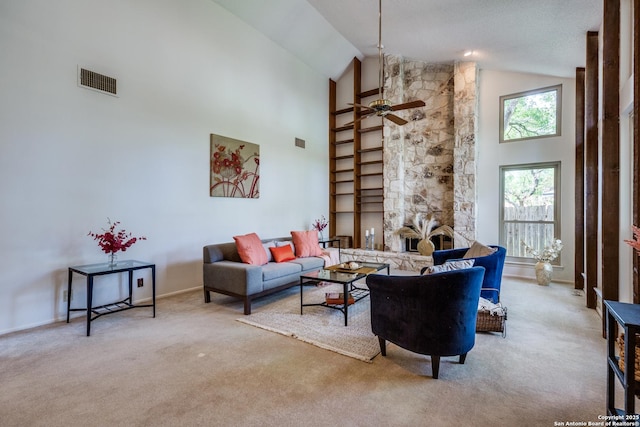 16930 Hidden Timber Wood, San Antonio, TX 78248 - living area featuring carpet floors, ceiling fan, high vaulted ceiling, and baseboards