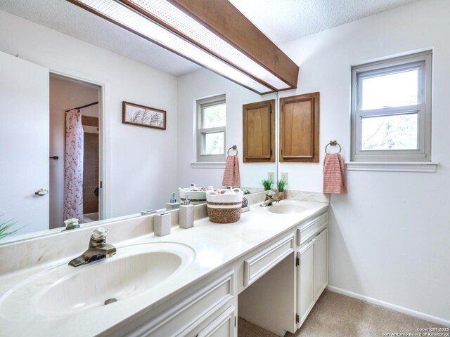 16930 Hidden Timber Wood, San Antonio, TX 78248 - bathroom with double vanity and a shower with shower curtain