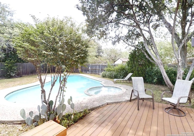 16930 Hidden Timber Wood, San Antonio, TX 78248 - view of pool featuring a fenced backyard, a pool with connected hot tub, and a deck
