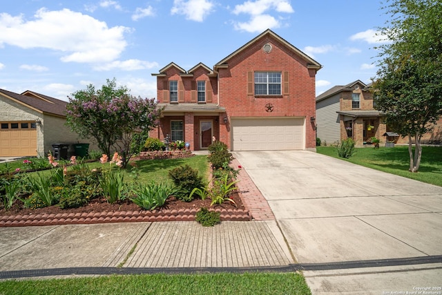 7731 Cedar Farm, San Antonio, TX 78239 - traditional-style home with brick siding, an attached garage, concrete driveway, and a front yard