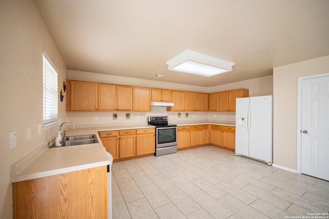 7731 Cedar Farm, San Antonio, TX 78239 - kitchen featuring white refrigerator with ice dispenser, stainless steel electric stove, a sink, light countertops, and under cabinet range hood