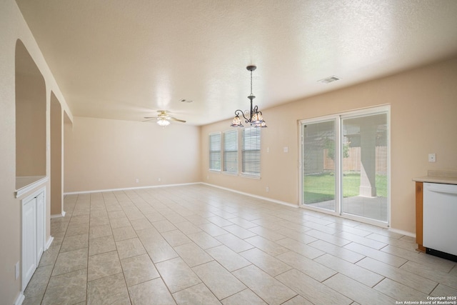 7731 Cedar Farm, San Antonio, TX 78239 - unfurnished room with a ceiling fan, arched walkways, a chandelier, and baseboards
