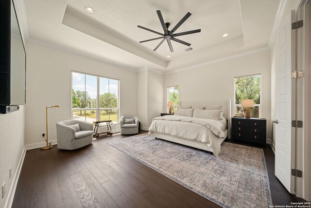 117 Sabella, Spring Branch, TX 78070 - bedroom with a raised ceiling, baseboards, dark wood finished floors, recessed lighting, and ceiling fan