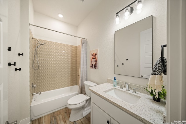 117 Sabella, Spring Branch, TX 78070 - full bath featuring shower / bath combination with curtain, vanity, wood finished floors, and toilet