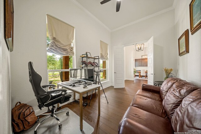 117 Sabella, Spring Branch, TX 78070 - office space with ornamental molding, wood finished floors, a ceiling fan, baseboards, and a chandelier