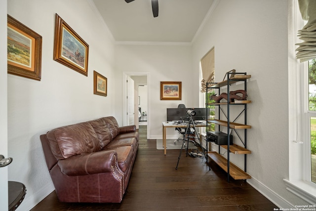 117 Sabella, Spring Branch, TX 78070 - office area featuring ornamental molding, a ceiling fan, baseboards, and dark wood-type flooring