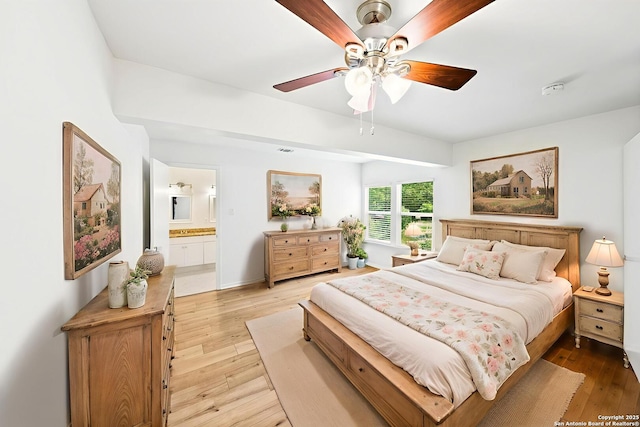 435 Sharon, San Antonio, TX 78216 - bedroom featuring light wood finished floors, connected bathroom, and a ceiling fan