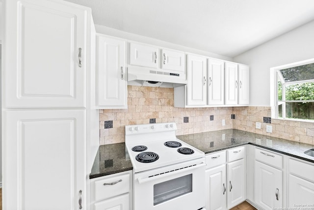 435 Sharon, San Antonio, TX 78216 - kitchen with electric stove, under cabinet range hood, backsplash, white cabinets, and dark stone counters