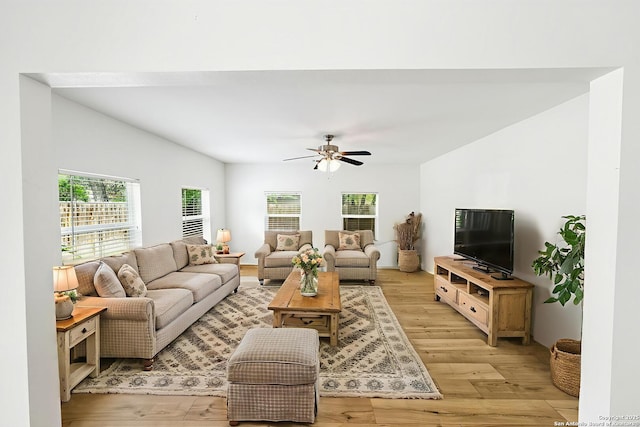 435 Sharon, San Antonio, TX 78216 - living room with light wood-type flooring, ceiling fan, and vaulted ceiling