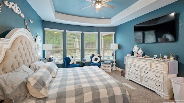 32337 Lavender Cv, Bulverde, TX 78163 - bedroom with carpet, a tray ceiling, and ceiling fan