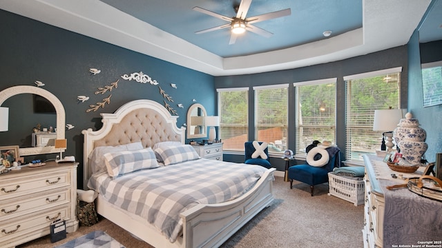 32337 Lavender Cv, Bulverde, TX 78163 - carpeted bedroom featuring a tray ceiling and a ceiling fan