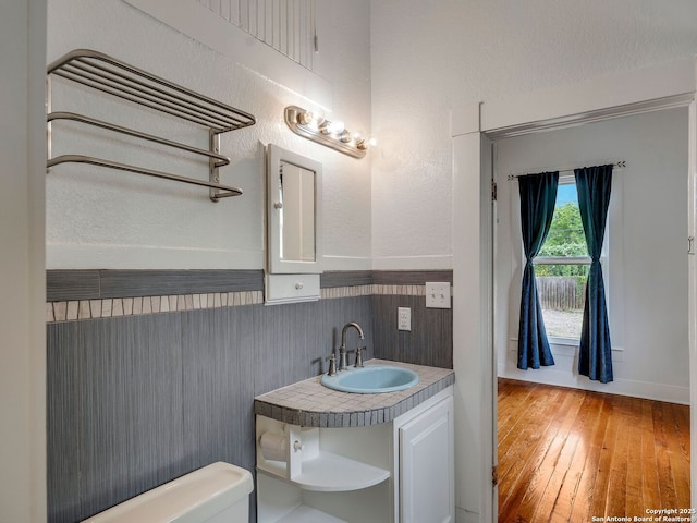 1211 W Magnolia Ave, San Antonio, TX 78201 - bathroom with wainscoting, toilet, vanity, and wood-type flooring