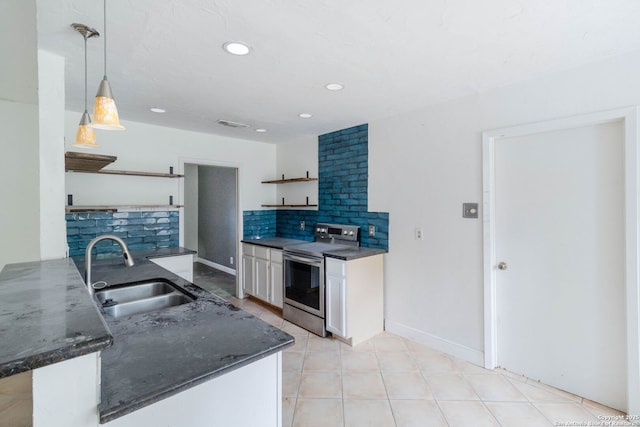 4911 Belle Ellen, San Antonio, TX 78229 - kitchen featuring electric range, open shelves, a sink, white cabinets, and recessed lighting