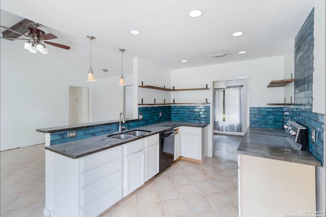 4911 Belle Ellen, San Antonio, TX 78229 - kitchen featuring open shelves, black dishwasher, a sink, a peninsula, and white cabinets
