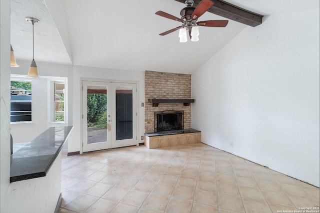 4911 Belle Ellen, San Antonio, TX 78229 - unfurnished living room featuring ceiling fan, french doors, light tile patterned floors, and a brick fireplace