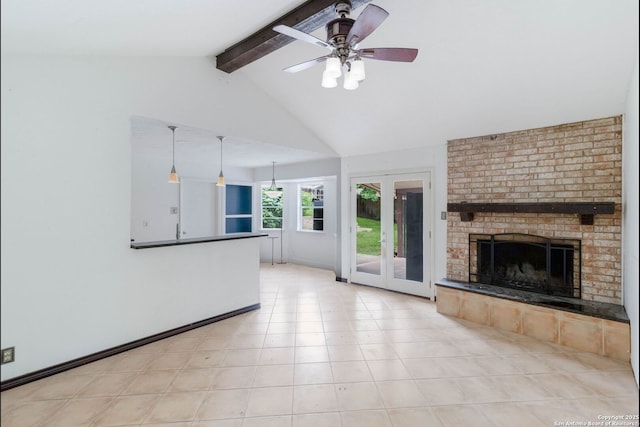 4911 Belle Ellen, San Antonio, TX 78229 - unfurnished living room featuring a brick fireplace and ceiling fan