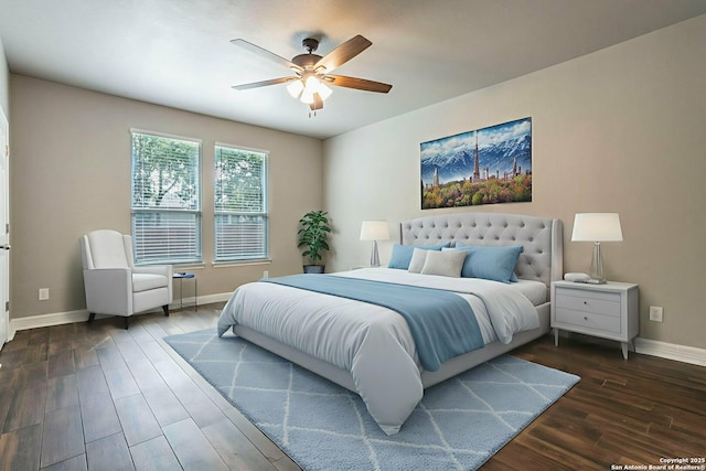 7030 Plains Way, San Antonio, TX 78253 - bedroom with baseboards, dark wood-style flooring, and a ceiling fan
