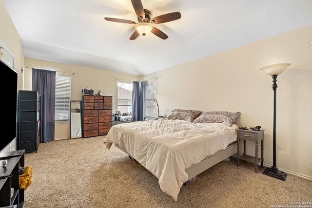 815 Maltese Gdn, San Antonio, TX 78260 - bedroom featuring carpet, baseboards, ceiling fan, and vaulted ceiling