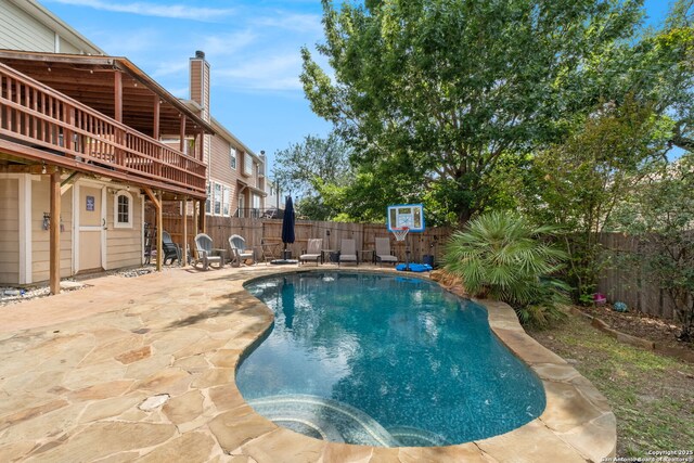 815 Maltese Gdn, San Antonio, TX 78260 - view of swimming pool with a fenced backyard, a patio area, and a wooden deck