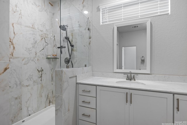 8851 Oakland Rd, San Antonio, TX 78240 - full bath with vanity, a marble finish shower, and a textured wall