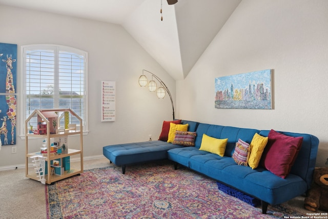 25723 Coreopsis, San Antonio, TX 78261 - living area with vaulted ceiling, carpet flooring, baseboards, and ceiling fan