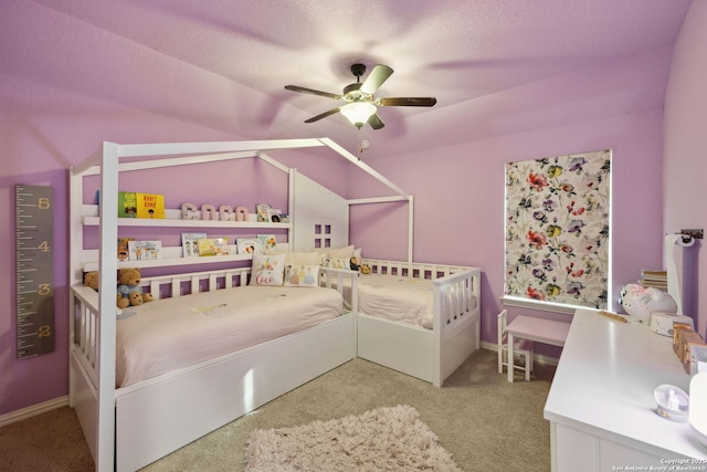 25723 Coreopsis, San Antonio, TX 78261 - bedroom featuring carpet, ceiling fan, vaulted ceiling, and baseboards