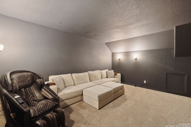 25723 Coreopsis, San Antonio, TX 78261 - carpeted home theater room featuring a textured wall, a textured ceiling, and lofted ceiling
