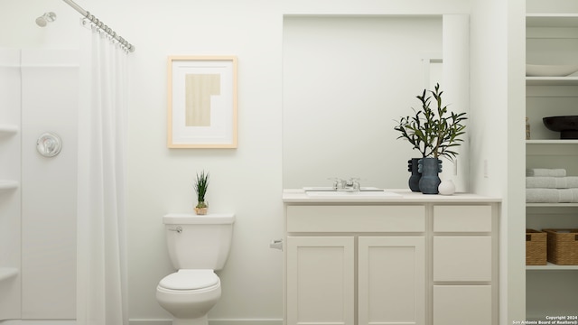 3650 Glade Crk, San Antonio, TX 78245 - bathroom with toilet, vanity, a shower with shower curtain, and baseboards
