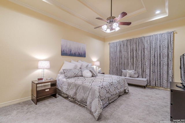 16006 N Huebner Blf, San Antonio, TX 78248 - bedroom with a tray ceiling, crown molding, carpet, ceiling fan, and baseboards