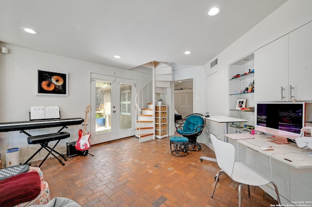 106 Mayflower, Alamo Heights, TX 78209 - office featuring french doors, brick flooring, and recessed lighting