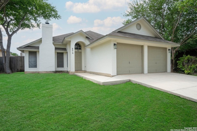 6610 Quail Lk, San Antonio, TX 78244 - single story home with a chimney, concrete driveway, a garage, a shingled roof, and brick siding