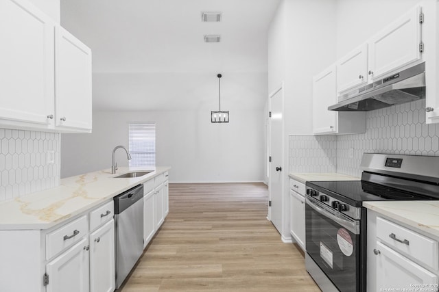6610 Quail Lk, San Antonio, TX 78244 - kitchen with appliances with stainless steel finishes, a sink, under cabinet range hood, decorative backsplash, and white cabinets