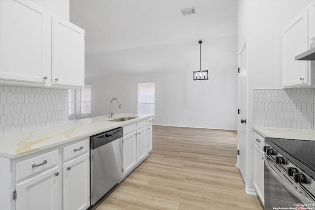 6610 Quail Lk, San Antonio, TX 78244 - kitchen featuring stainless steel dishwasher, a sink, white cabinetry, decorative backsplash, and light stone countertops