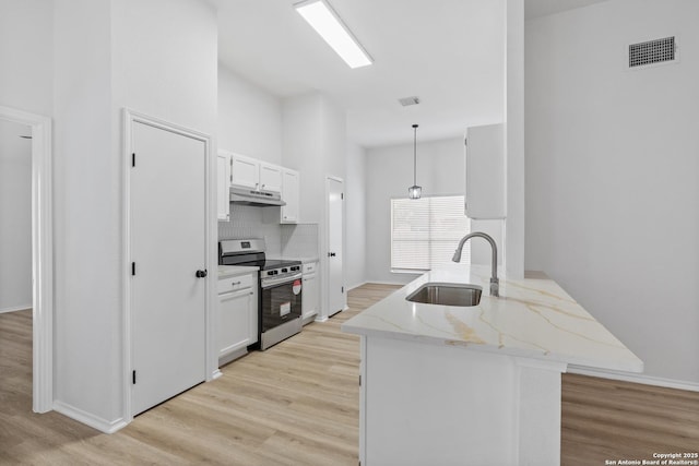 6610 Quail Lk, San Antonio, TX 78244 - kitchen featuring stainless steel electric range oven, a sink, a peninsula, light wood-style floors, and backsplash