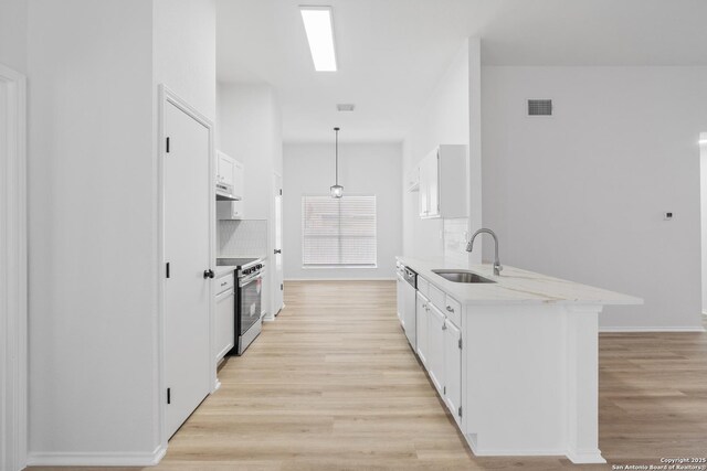 6610 Quail Lk, San Antonio, TX 78244 - kitchen with a sink, stainless steel electric range, white cabinets, under cabinet range hood, and light wood-type flooring