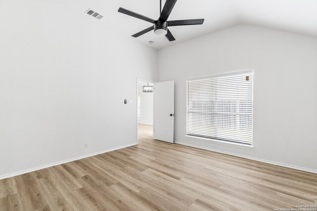 6610 Quail Lk, San Antonio, TX 78244 - empty room featuring ceiling fan, light wood-style floors, lofted ceiling, and baseboards