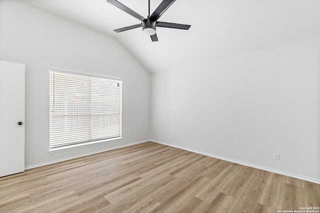 6610 Quail Lk, San Antonio, TX 78244 - empty room with vaulted ceiling, light wood finished floors, a ceiling fan, and baseboards
