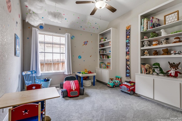 13019 Rambling Oak, San Antonio, TX 78232 - recreation room with carpet, ceiling fan, and lofted ceiling