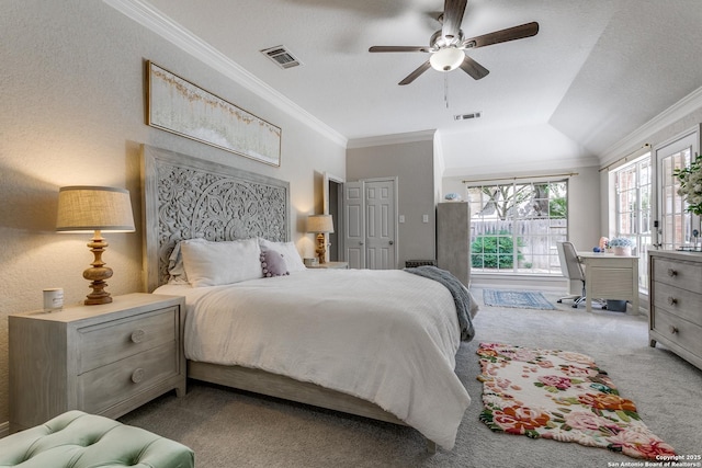 13019 Rambling Oak, San Antonio, TX 78232 - bedroom featuring carpet flooring, ornamental molding, a desk, a ceiling fan, and vaulted ceiling