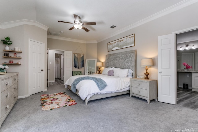 13019 Rambling Oak, San Antonio, TX 78232 - bedroom featuring crown molding, light carpet, ensuite bathroom, ceiling fan, and baseboards