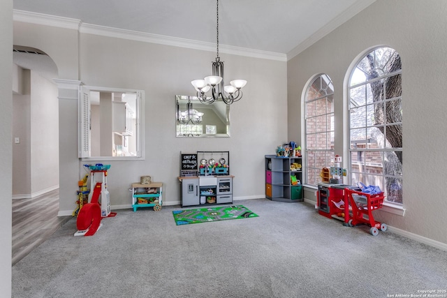 13019 Rambling Oak, San Antonio, TX 78232 - game room with ornamental molding, carpet flooring, a chandelier, and baseboards