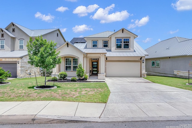 6827 Bella Verso, San Antonio, TX 78256 - modern farmhouse style home with a standing seam roof, metal roof, concrete driveway, and a front yard