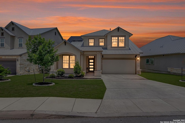 6827 Bella Verso, San Antonio, TX 78256 - modern inspired farmhouse featuring a standing seam roof, metal roof, stucco siding, and a yard