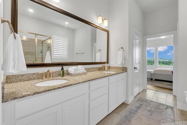 6827 Bella Verso, San Antonio, TX 78256 - full bath with double vanity, a stall shower, tile patterned floors, and recessed lighting