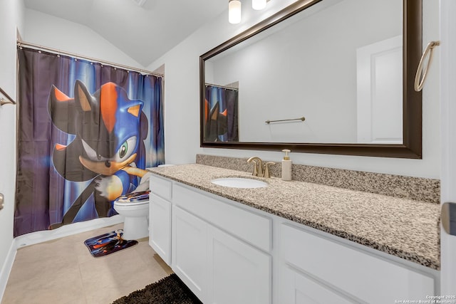 6827 Bella Verso, San Antonio, TX 78256 - full bath featuring vanity, toilet, tile patterned floors, curtained shower, and lofted ceiling
