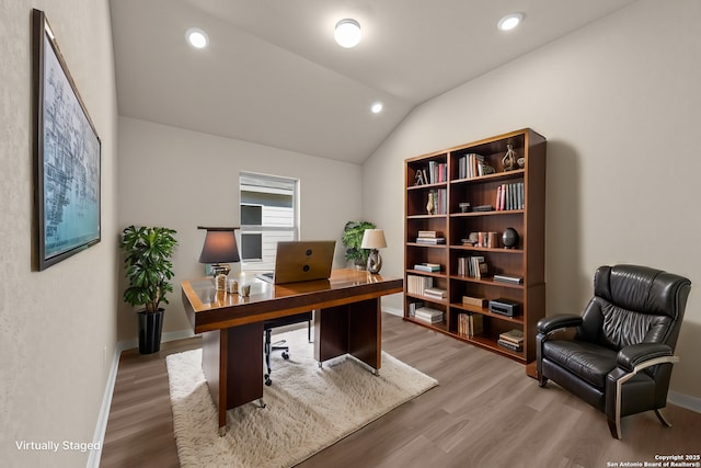 13503 Beebrush Saddle, San Antonio, TX 78253 - office featuring wood finished floors, vaulted ceiling, baseboards, and recessed lighting