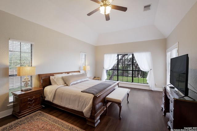 14706 War Admiral, San Antonio, TX 78248 - bedroom featuring dark wood-style flooring, lofted ceiling, baseboards, and a ceiling fan