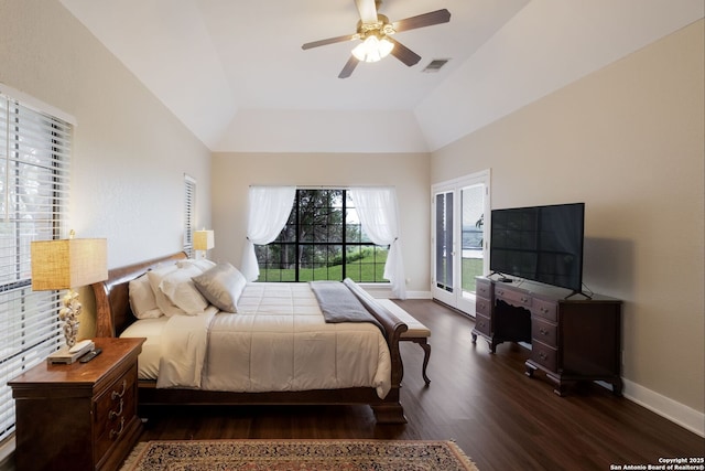 14706 War Admiral, San Antonio, TX 78248 - bedroom with dark wood-style flooring, lofted ceiling, baseboards, a ceiling fan, and access to outside